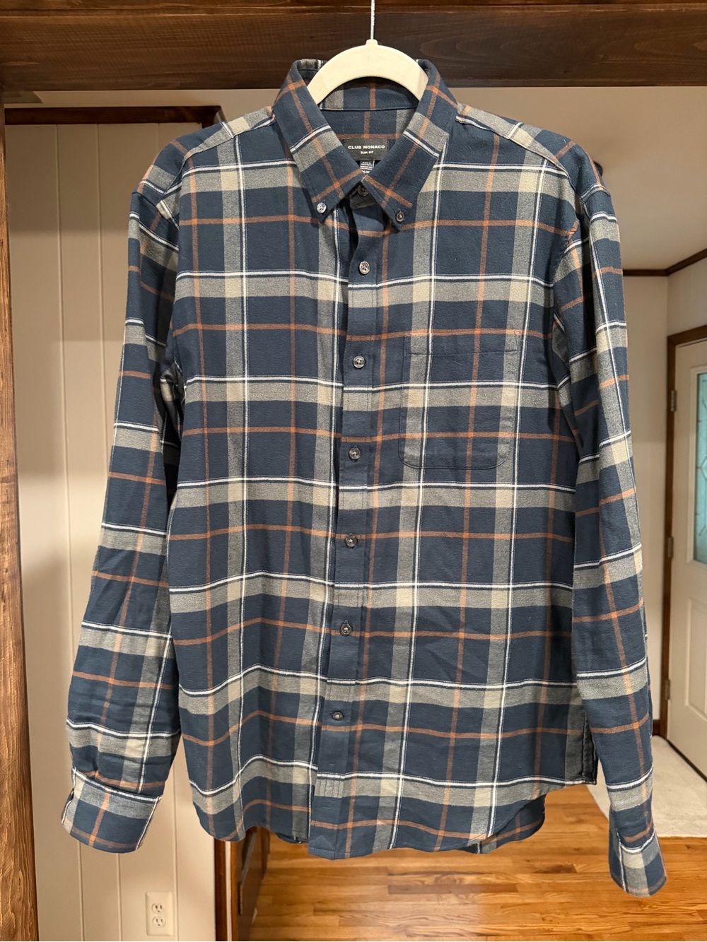 Club Monaco Navy/Green Plaid Button Down Shirt (Medium)